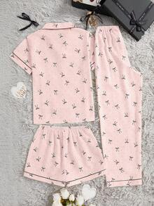 3pcs/Set Piyama Wanita Kasual Longgar dengan Pita, Motif Polkadot, Saku, Kancing Depan, Lengan Pendek, Atasan dan Celana Pendek/Celana Panjang, Musim Semi/Panas - Baby Pink - View 2