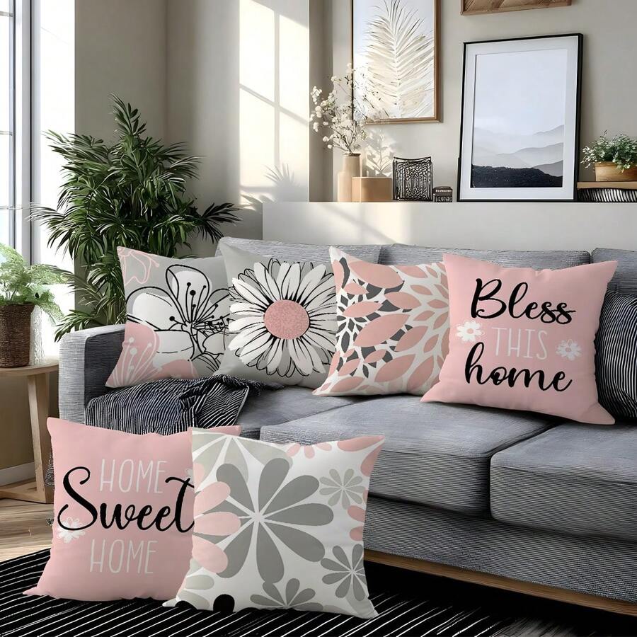 MEMNUN 6 buc. fețe de pernă moderne minimaliste gri și roz cu imprimeu floral geometric cu margarete [fără inserție de pernă], 45*45 cm / 50*50 cm / 40*40 cm, [imprimare pe o singură față] Home Sweet Home & Bless This Home Quotes, decor modern pentru casă, huse de pernă din poliester pentru canapea, pat, sufragerie, dormitor, mașină, birou, hotel, potrivite pentru toate anotimpurile, cadou perfect pentru familie și prieteni.
