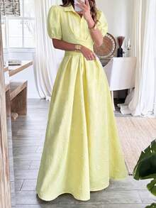 Lily House 女士柠檬黄印花衬衫裙，泡泡袖，系带腰身长裙，优雅百搭，适合春夏、度假、约会、早午餐、婚礼宾客等场合。 - 黃色 - 查看 5