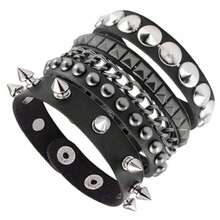 1/3 件套黑色哥特式 PU 皮革铆钉朋克哥特手链，男女通用 - 黑色#1 - 查看 11