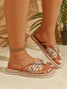 1 Đôi sandal đế bệt họa tiết hoa Paisley phong cách boho đính hạt kim loại, thời trang nghỉ dưỡng nhiệt đới, món quà mùa hè hoàn hảo - trái cam - Xem 4