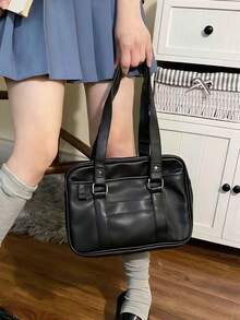 Bolso de mano tipo almohada de estilo coreano, bolso de hombro retro, bolso de gran capacidad para ir al trabajo o de viaje, sin colgante incluido (el colgante es solo para propósitos de estilismo) - Negro - Ver 5