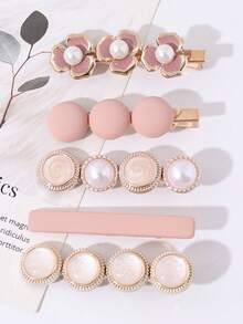 5pcs Elegant Side Bangs Clip, Bun Holder, Pink Flower Hair Clips Set - Pink - View 2