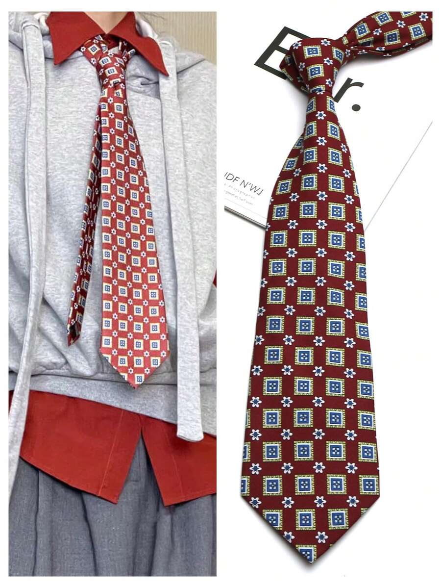 1pc Burgundy Square Print Handmade Necktie, Suitable For Casual, Street, Party, Gift - Multicolor - View 1