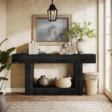LITTLE TREE 160 Cm Farmhouse Console Table, 2-Tier Narrow Wooden Entryway Sofa Table With U-Shaped Base For Home - Black - View 8