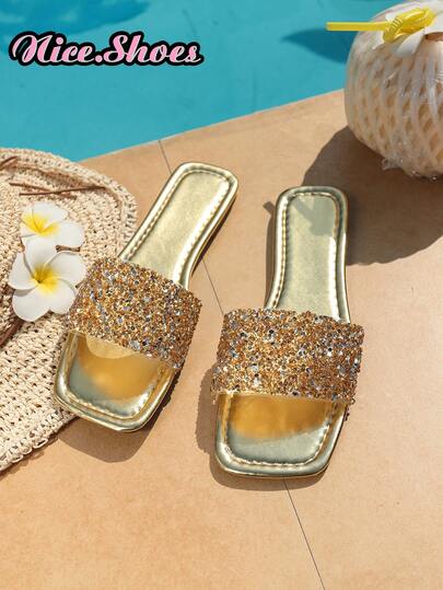 Women's Square Toe Rhinestone Flat Slippers, Suitable For Daily Commute, Shopping, Vacation, Casual Wear, Available In Black, Silver, And Gold