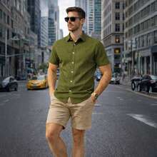 Italian Collar Shirt Short Sleeve Slim Fit Casual - Green - View 7