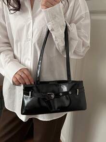 Bolso de hombro de mujer con diseño de hebilla elegante y versátil, decoración de letra de cuero patentado de unicolor, adecuado para compras, carteras, compras, mujeres jóvenes, estudiantes universitarios, recién llegados y trabajadores de cuello blanco. Son muy adecuados para oficinas, universidades, trabajo, negocios, viajes al trabajo, actividades al aire libre, viajes y salidas - Negro - Ver 7
