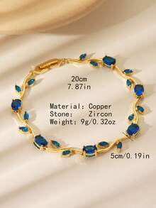 1 Peça Pulseira de Tênis de Zircônia Brilhante Rosa e Azul Marinho de Alta Qualidade, Design Único de Flor e Folha de Cobre, Acessório da Moda para Mulheres, Adequado para Uso Diário, Festivais, Casamento, Dia das Mães, Presentes de Feriado - Dourado + azul marinho - Visão 6
