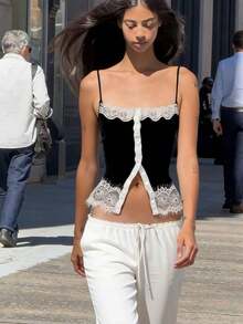 Women's Lace-Trimmed Button-Front Cami Top - Slim Fit, Spaghetti Straps, Sleeveless Summer Tank - Ideal For Everyday Wear, Dinner Dates, Outdoor Dining, Champagne Bars, Girls' Gatherings, Rooftop Bars, And Vacations. - màu đen - Xem 4