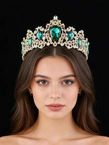 1pc Baroque Style Water Drop Glass Crown Bridal Headpiece, Birthday & Growth Gift Accessory - Green - View 1