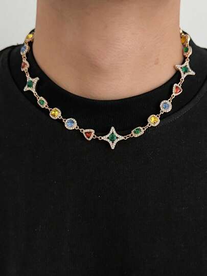 1pc Hip-Hop Vintage 3D Star Inlaid Colorful Gemstone Charm Necklace, Rockstar Punk Design, Casual Minimalist, Street Style, Suitable For Wedding, Party, Daily Wear, Unisex Fashion Necklace Gift
