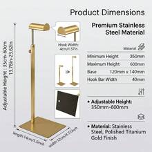 Giá treo túi xách điều chỉnh độ cao (1/2/3 chiếc), chất liệu thép không gỉ mạ titan vàng, giá đựng mũ, trang sức đa chức năng, phù hợp cho tủ quần áo gia đình, cửa hàng thời trang, triển lãm, trung tâm mua sắm. - Đầu A dạng tròn, titan mài bóng. - Xem 3