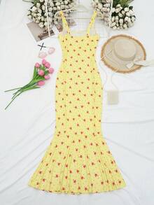 女士优雅黄色印花修身长款连衣裙，无袖低领鱼尾裙摆夏季吊带裙 - 黃色 - 查看 8