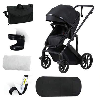 baotongtong 2-In-1 Baby Stroller: Spacious & Foldable-Reclining/Upright Seating, 5-Point Safety Harness, Adjustable Seat, Extra-Large Storage Basket, Two-Hand Folding Mechanism, Large PU Wheels. Suitable For Newborns To 4 Years Old. (Includes High-Capacity Diaper Bag, Cup Holder, Mosquito Net, Wrist Strap, And Soft Cotton Cushion) - (Black)