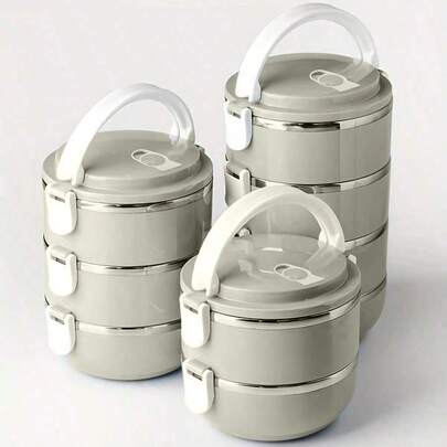 1/2/3/4pcs Round Stainless Steel Premium Solid Color Lunch Boxes With Lids, Multi-Layer Compartments, Multifunctional, High-Temperature Resistant, Strong Sealing, Heat-Insulated, Portable With Handle And Vent Valve, Made Of Materials, Adaptable To Various Scenarios. Suitable For Home, Kitchen, Restaurant, Office, Students, Hospitals, Visiting Relatives, Picnics, Camping, And Travel.