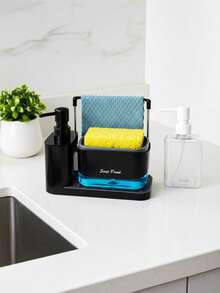 Juego de dispensador de jabón de cocina 5 en 1, incluye bandeja, dispensador de jabón doble, soporte para esponja, escurridor de platos, jabonera - Organizador de cocina práctico (toalla no incluida) - A - Ver 11