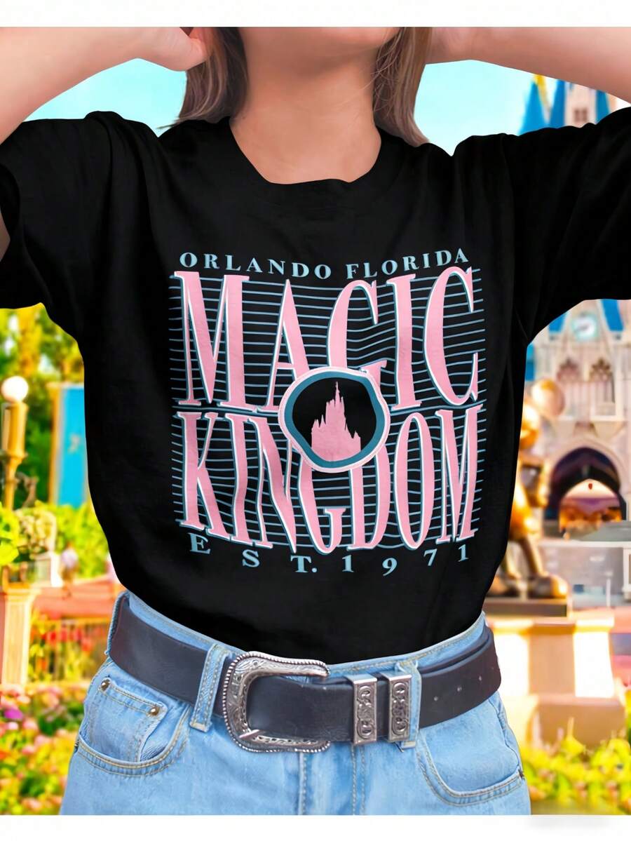 Women Orlando Florida Magic Kingdom EST 1971 Castle Graphic Tee Oversize Short Sleeve Crew Neck White Vacation Travel Casual Tshirt - 黑色 - 查看 1