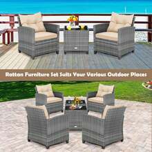3PCS Patio Rattan Furniture Bistro Set Cushioned Sofas Side Table Armrest Beige - 米色 - 查看 4