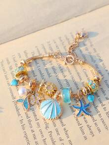 1pc Ocean Style Charm Bracelet, Starfish & Shell Charm Bracelet, Shell & Conch DIY Bracelet, Fashionable Boho Holiday Style Bracelet, Fashionable Cherry Blossom Flower Charm Bracelet - Gold - View 4