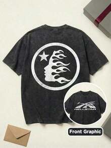 2026 Summer TopsShooting Star Logo Graphic Tee Unisex Couple Matching Boyfriend Style Hell Star Y2K Streetwear Aesthetic Acid Washed Cotton Graphic Tees Men Oversized T Shirt Summer Fits Camisetas Para HombreLoose And Comfortableshirt - Black - View 2