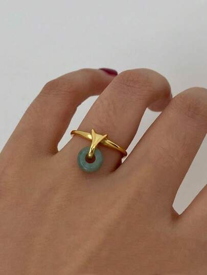 1pc Retro Gold Color Inlaid Light Green Imitation Jade Safety Buckle Ring With Adjustable Opening Index Finger Ring ﻿