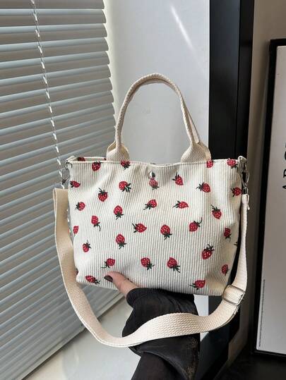 1pc Strawberry Pattern Corduroy Magnetic Handbag, Fashionable For Women, Suitable For Daily Outing In Spring/Summer