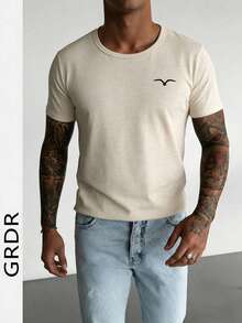 GRDR 男士圆领短袖休闲线条艺术动物印花极简度假T恤，适合夏季穿着，舒适透气，引领时尚潮流 - 杏色 - 查看 1