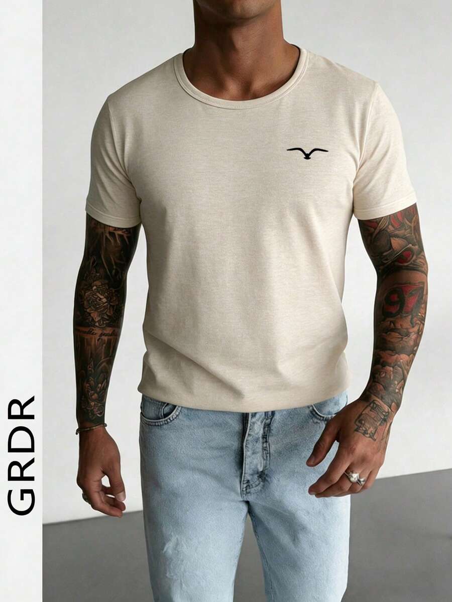 GRDR 男士圆领短袖休闲线条艺术动物印花极简度假T恤，适合夏季穿着，舒适透气，引领时尚潮流 - 杏色 - 查看 1