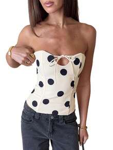 Womens Y2K Polka Dots Strapless Tube Tops Sexy Off The Shoulder Going Out Bandeau Top Summer Vacation Tops - 黑與白 - 查看 7