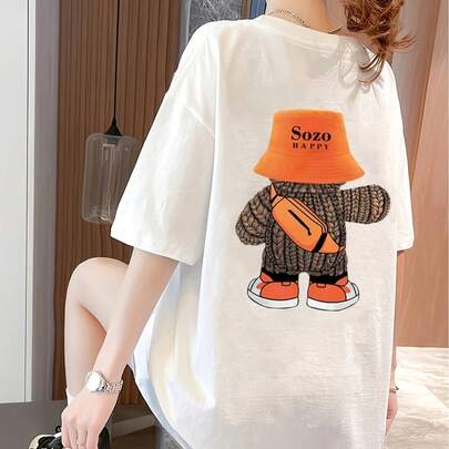 Camiseta gráfica de anime Y2K para mujer - Parte superior larga y semitransparente con estampado de oso SOZO HAPPY, cuello redondo, ropa casual de calle para primavera, verano y otoño, diseño alegre, parte superior ligera, camiseta oversize, adultos, ropa casual, material transpirable, camiseta de mujer para Pascua y regalos festivos