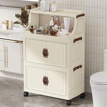 Un elegante armario con un acabado mate blanco y tiradores de piel sintética que ofrece un almacenamiento discreto para el salón, el dormitorio o el pasillo. Una solución de almacenamiento moderna para salones o dormitorios: el armario plegable de 37 cm sirve como aparador, estantería o mueble de almacenamiento. - Blanco - Ver 8