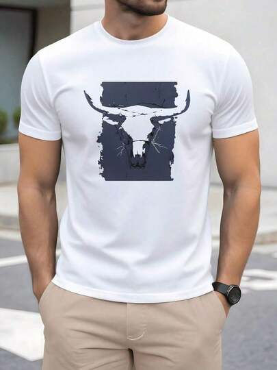 Cabeza de toro con cuernos extendidos que simboliza fuerza valentía y espíritu indomable sobre fondo texturizado inspirado en la esencia del oeste camiseta de hombre talla% algodón F5ZE