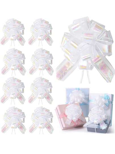 6″ Party Wedding Ribbon Bows, Pearl White Pull Bows For Gift Wrapping, Rainbow Ribbon Warp Bow, Gifts Decorations, For Present Basket Flower Bouquets Birthday Anniversary Wedding Crafts Wrap