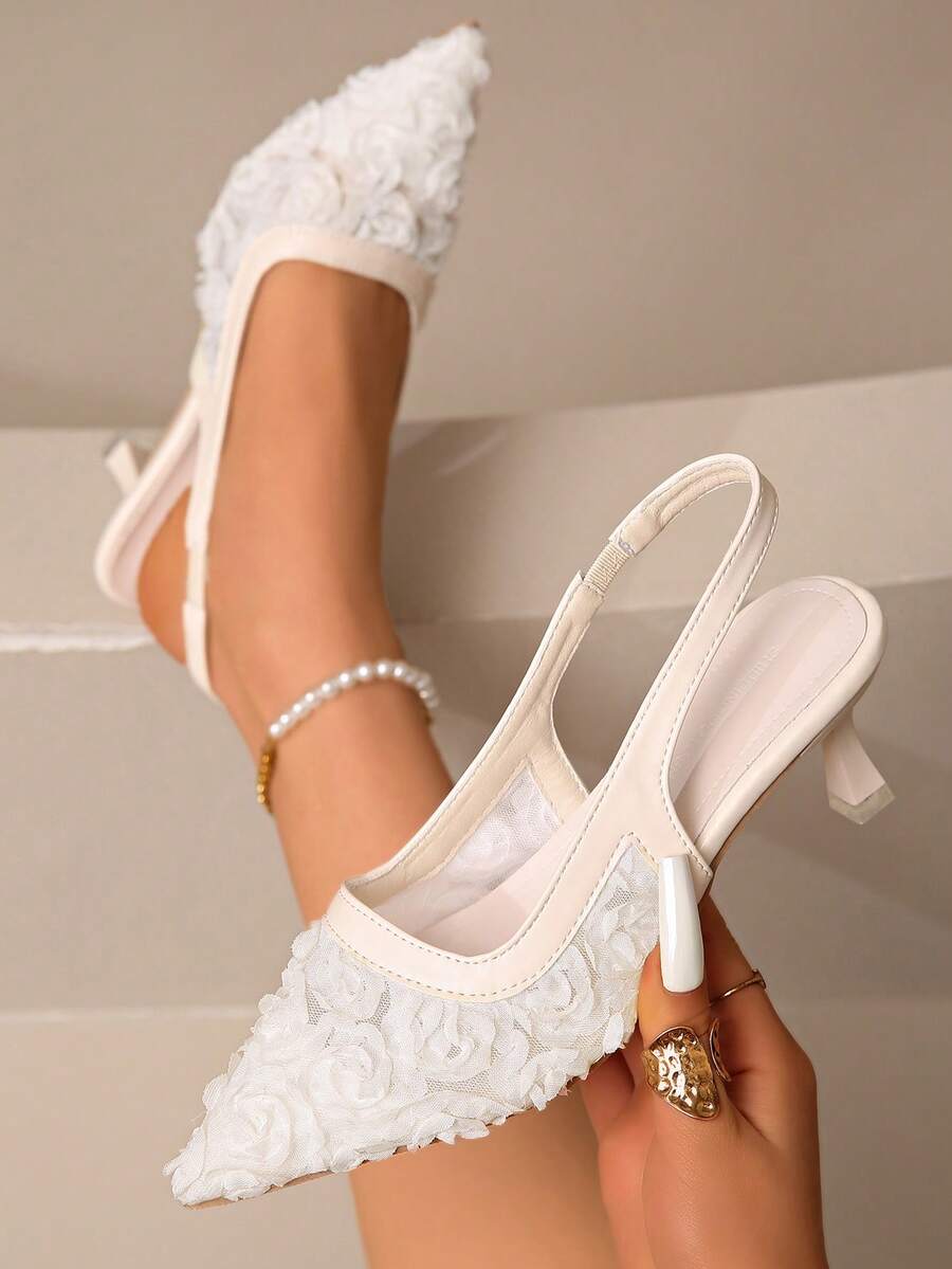 白色花卉网纱高跟鞋，时尚蕾丝网纱细高跟鞋，仙女风夏季新款尖头露跟凉鞋，性感猫跟鞋，适合搭配连衣裙和旗袍