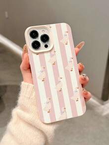 1个白色纹理TPU材质艺术治愈风粉白条纹可爱卡通鸭子图案软手机壳，适用于 17 Air/17 Pro Max/17/16 Plus/15/14/13/12/11/XS Max/XR/7/8 - 白色 - 查看 2