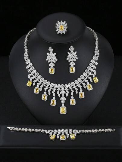 1 Set Of 5pcs Versatile High-End Cubic Zirconia Necklace, Earrings, Bracelet, Ring Jewelry Set, Bridal Wedding Dress, Party, Holiday Gift