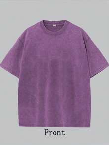 Oversized Washed Gray Short Sleeve Tee, Loose Fit Vintage Streetwear Style, Basic Summer - 紫羅蘭色 - 查看 6