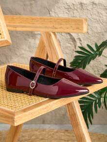 HFSHUNXY SunsoleShoes 2026 優雅秋冬女款瑪麗珍尖頭平底鞋，酒紅色，舒適百搭，休閒套腳，單條扣帶，適合情人節、母親節及其他節日禮物，婚禮、派對、辦公室及多種風格搭配 - 酒紅色 - 查看 6