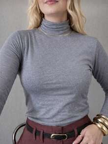 Women's Thermal Base Layer Sweatshirt, Long Sleeve, Turtleneck, Basic, Elegant, Casual, Modern, Black - Grey - View 1