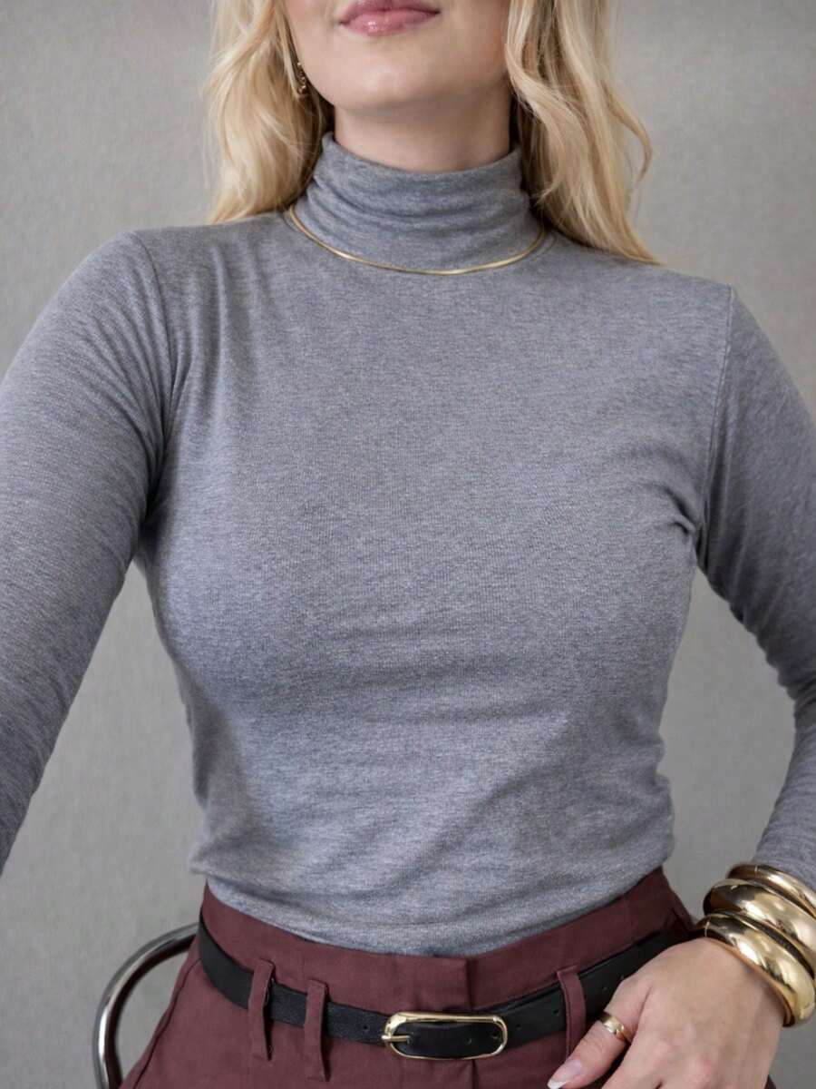 Women's Thermal Base Layer Sweatshirt, Long Sleeve, Turtleneck, Basic, Elegant, Casual, Modern, Black - Grey - View 1