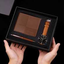 Gift Box Set, New Year Gift, Wedding Gift, Birthday Gift, Christmas Gift, Gift For Lover, Father, Teacher, Company Annual Meeting, Employee, Business Men Classic Fashion Quartz Watch + Wallet + Pen + Gift Box - Brown - View 4