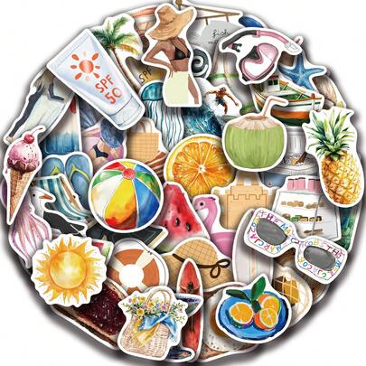 50pcs Boat Beach Pool Day Stickers, Creative Graffiti Stickers, Office Supplies, Mobile Phone & Computer Stickers, High-Value, Durable, Exquisite, Cool Stickers, Fun, Classic Colorful Cartoon Design, Gift Decoration, Phone Case Decoration Stickers, Reusable, Colorful Cartoon Design, Suitable For Water Bottles, Skateboards, Mobile Phones, Etc., Perfect For School Supplies, A Top Gift For Holidays.