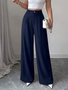 Pantalones de vestir de pierna ancha para mujer, estilo informal, holgados, estilo palazzo, de cintura alta - Azul Marino - Ver 3
