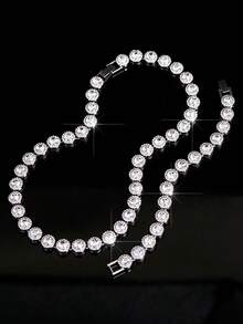 2pcs/Set HIP HOP Men's Chain Shape Inlaid Rhinestone Bracelet Necklace Miami Daily Necklace Party Accessories Perfect Jewelry - Silver - View 7