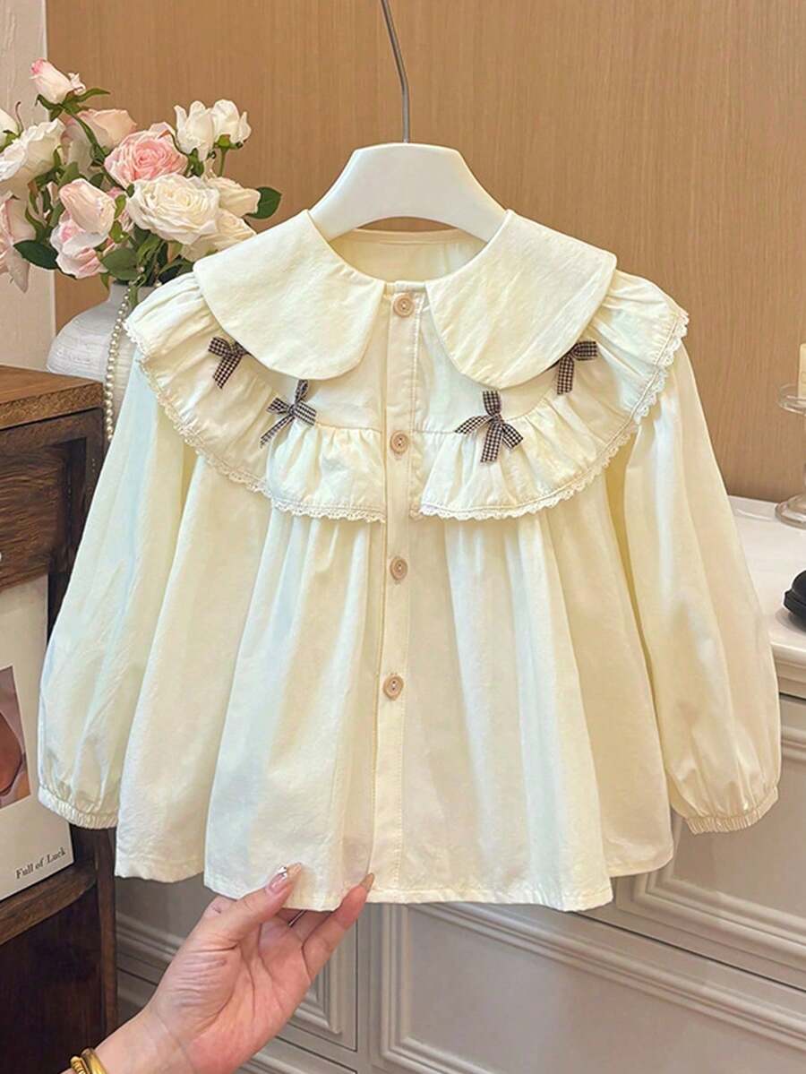 M.Dian xi Camisa con lazo y volantes para niñas, estilo preppy, chaqueta casual de moda para primavera y otoño - Beis - Ver 1
