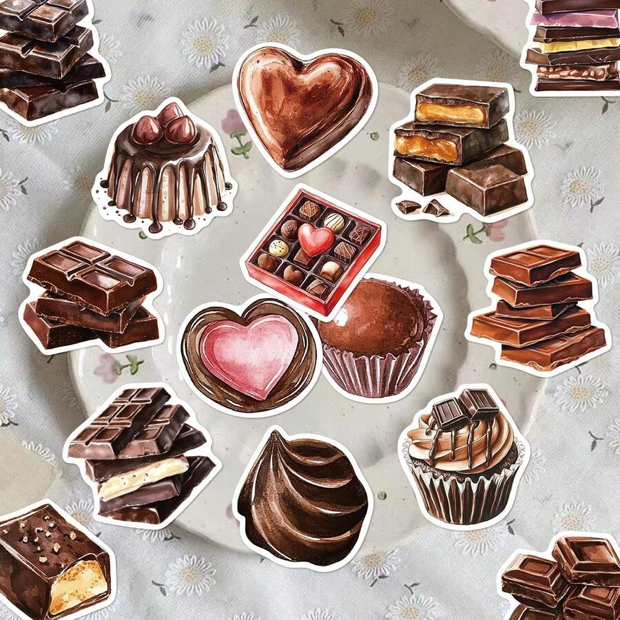 50pcs Chocolate Pattern Stickers, Decorative For Notebook, Laptop, Scrapbooking, Planner, Luggage, Valentine's Day Gift Scrapbook Supplies Stationery Funny Stickers - Chocolate - View 1