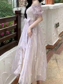 优雅休闲A字碎花派对生日连衣裙，女士复古无袖中长款夏季紫色雪纺毕业礼服，新款吊带连衣裙 - 紫丁香色 - 查看 3