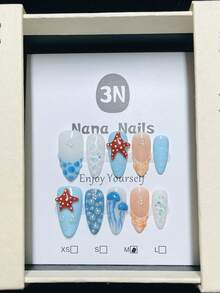 1package/10pcs-Ocean Breeze 3D Starfish & Seashell Press On Nails | Summer Beach Almond Fake Nails With Pearl & Mermaid Scale Design - Multicolor - View 7