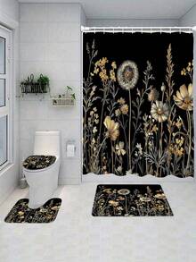 1/4pcs Bohemian Vintage Floral Black Gold Shower Curtain Set, Made Of Polyester Fabric, Waterproof, With Hooks, Machine Washable, Farmhouse Style Bathroom Curtain & Rug, Waterproof Polyester Shower Curtain, Non-Slip Bath Mat, U-Shaped Toilet Rug With 12 Hooks - Modern Style, Suitable For Home Decor, Bathroom Decor And Accessories, Easy To Clean And Maintain, Elegant Housewarming Gift - Fit For All Seasons - A - View 19